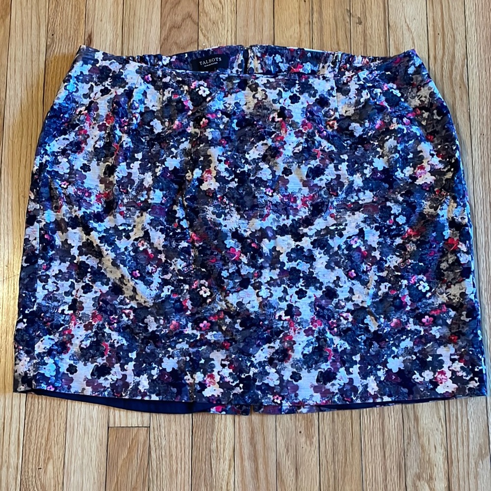 Talbots floral plus size mini skirt in pink, purple, black, and tan